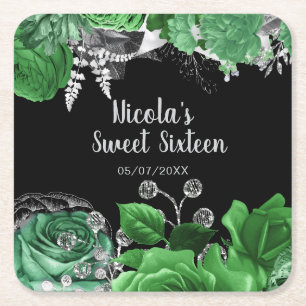 Elegant Green and Silver Flowers Sweet Sixteen Square Paper Coaster