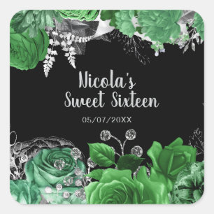 Elegant Green and Silver Flowers Sweet Sixteen  Square Sticker