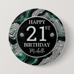 Elegant Green and Silver Glitter Agate Birthday 7.5 Cm Round Badge