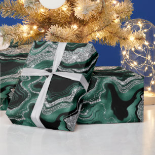 Elegant Green and Silver Glitter Agate Birthday Wrapping Paper