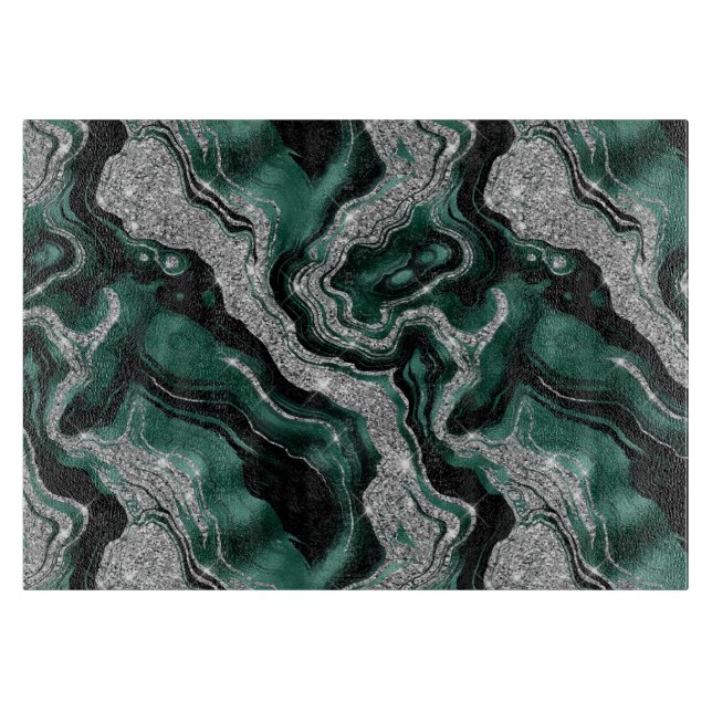 Elegant Green and Silver Glitter Agate Pattern Cutting Board (Front)