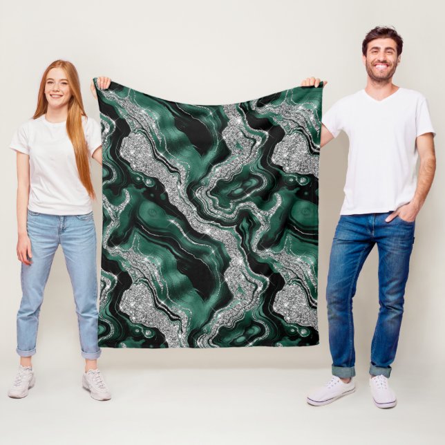 Elegant Green and Silver Glitter Agate Pattern Fleece Blanket (In Situ)