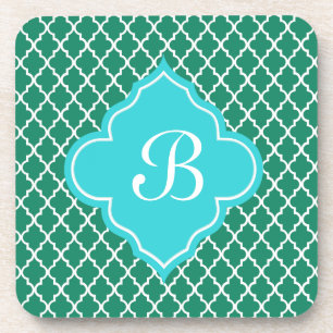 Elegant green and teal quatrefoil monogram coaster