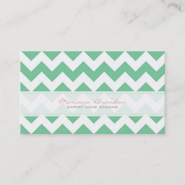 Elegant Green And White Chevron Pattern 2 Business Card (Front)