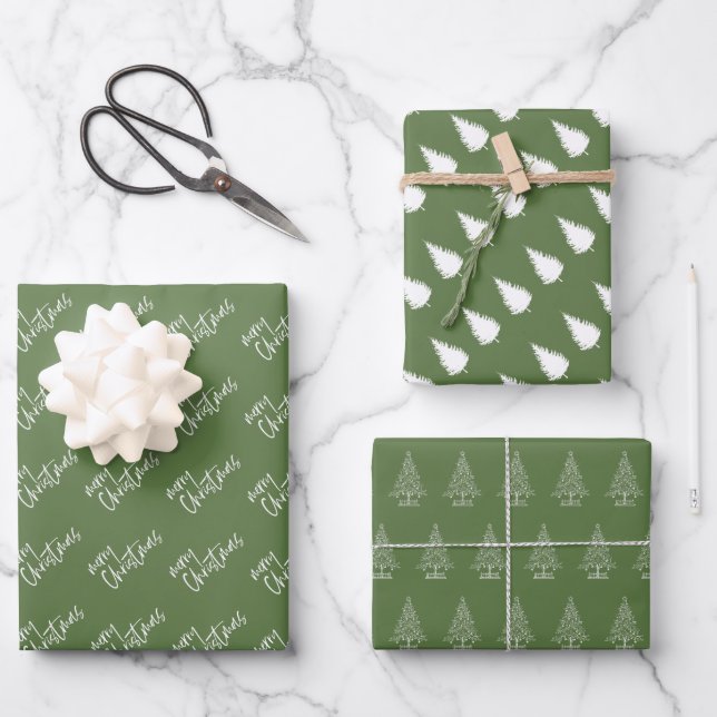 Elegant Green and White Christmas Wrapping Paper Sheet (Front)