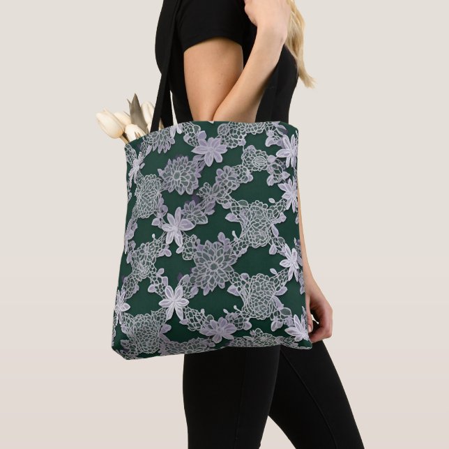 Elegant Green and White Floral Lace Pattern  Tote Bag (Close Up)