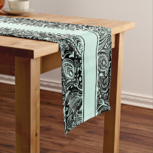 Elegant Green and White Floral Paisley & Stripes Short Table Runner
