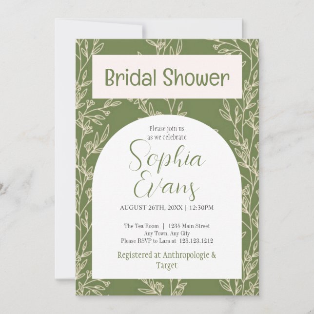Elegant Green and White Leaves Bridal Shower Invitation (Front)