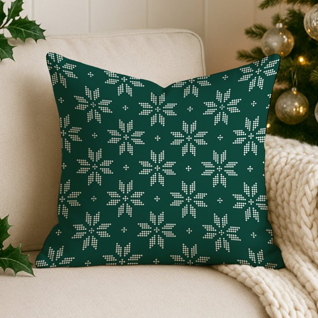 Elegant Green and White Nordic Snowflake Holiday Cushion (Creator Uploaded)