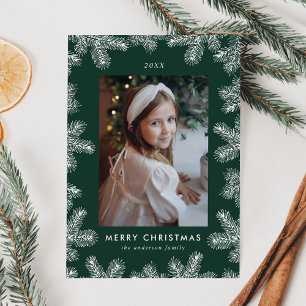 Elegant Green and White Pine Frame Photo Holiday Card