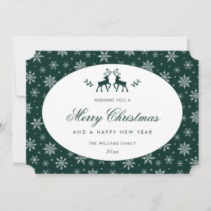 Elegant Green and White Snowflake Reindeer Holiday Card