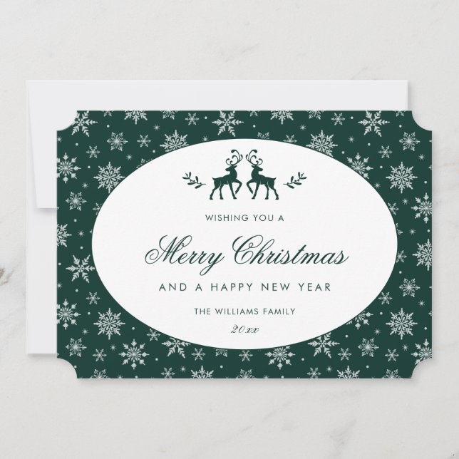 Elegant Green and White Snowflake Reindeer Holiday Card (Front)