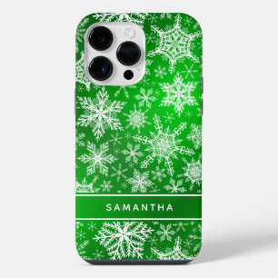 Elegant Green and White Snowflakes Christmas iPhone 14 Pro Max Case