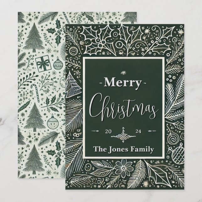 Elegant Green and White Vintage Christmas Card (Front/Back)