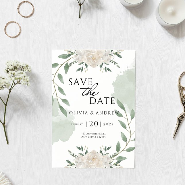 Elegant Green and White Watercolor Save The Date Invitation (Creator Uploaded)