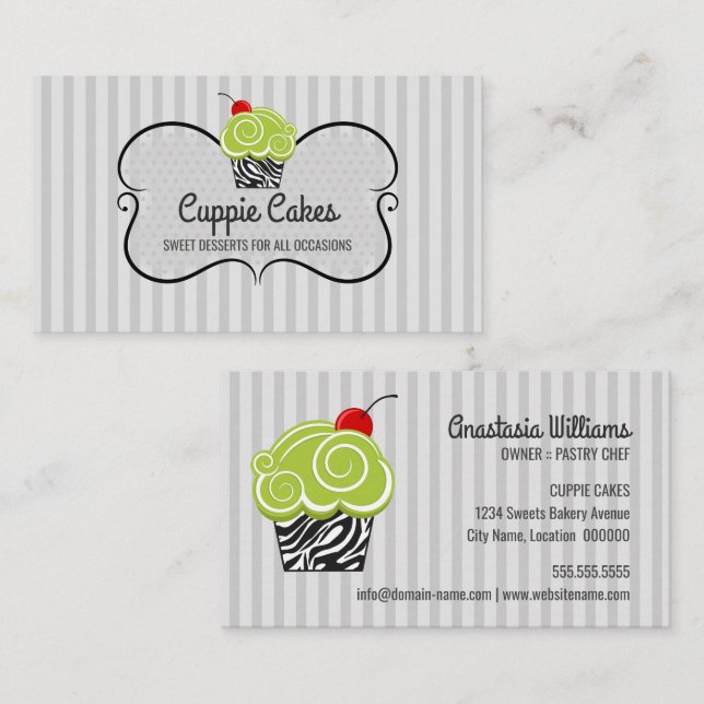 Elegant Green and Zebra Pattern Cupcake Baking Business Card (Front/Back)