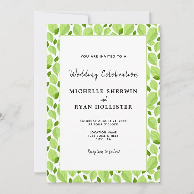 Elegant Green Basil Leaf Pattern Botanical Wedding Invitation (Front)