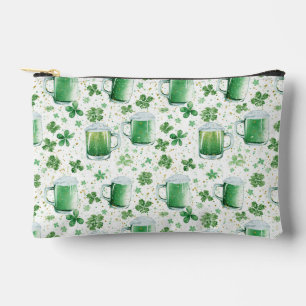 Elegant Green Beer Mugs and Shamrocks White Accessory Pouch