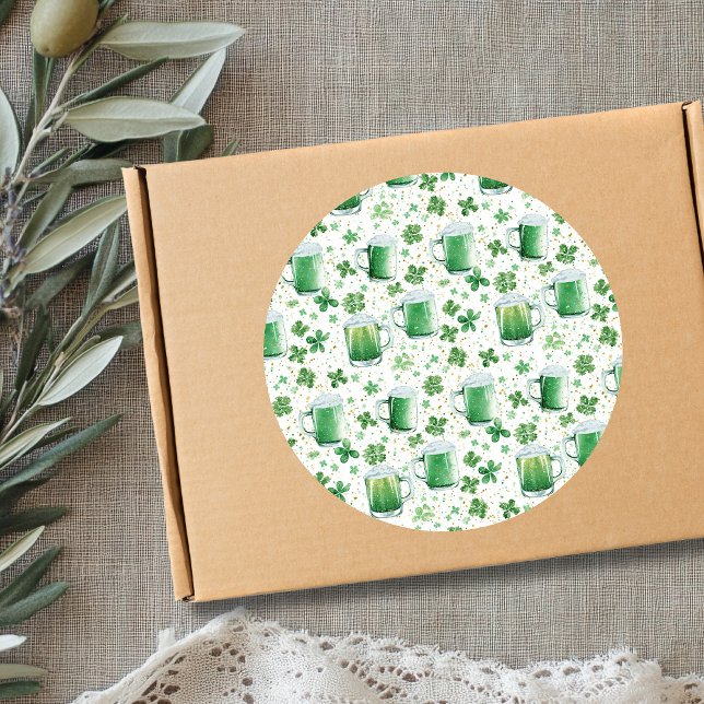 Elegant Green Beer Mugs and Shamrocks White Classic Round Sticker (Creator Uploaded)