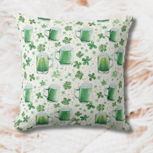 Elegant Green Beer Mugs and Shamrocks White Cushion