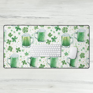 Elegant Green Beer Mugs and Shamrocks White Desk Mat