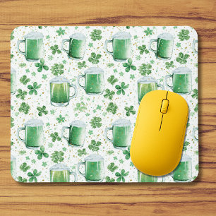 Elegant Green Beer Mugs and Shamrocks White Mouse Pad