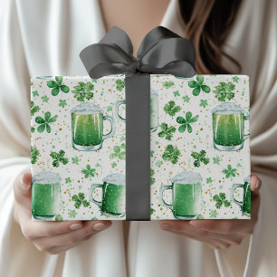 Elegant Green Beer Mugs and Shamrocks White Wrapping Paper