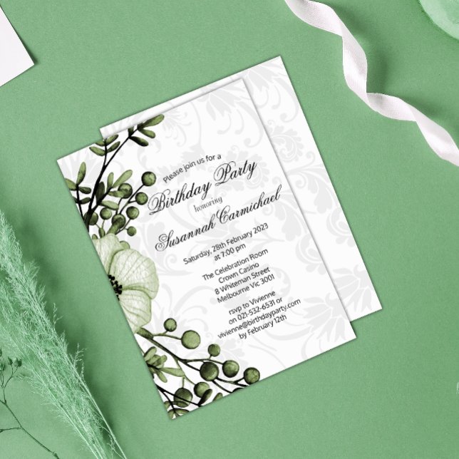 Elegant Green Berry Floral Wreath Damask Birthday Invitation (Creator Uploaded)