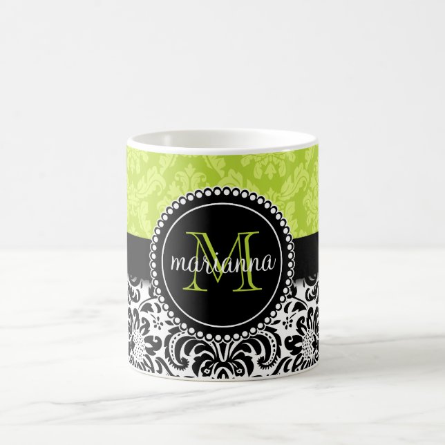 Elegant Green Black Damask Personalised Coffee Mug (Center)