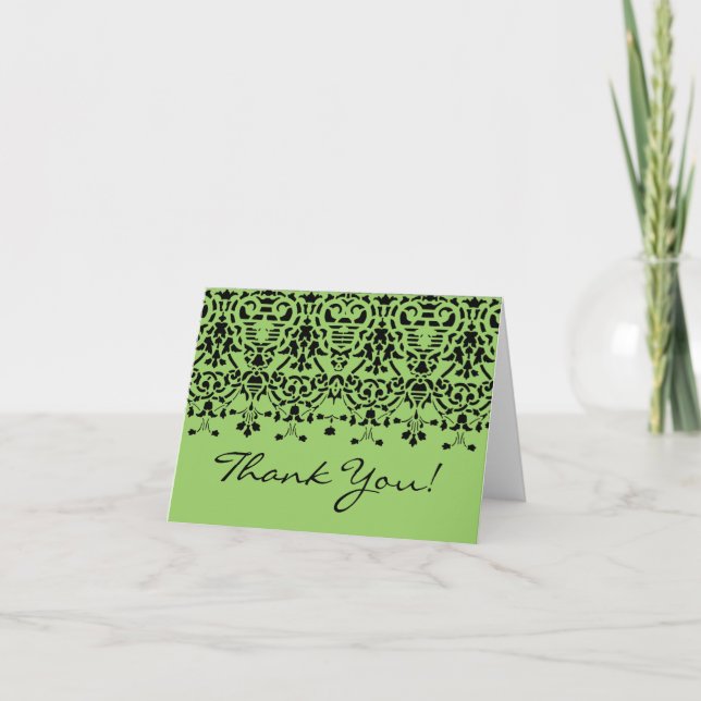 Elegant Green & Black Damask Thank You Note Card (Front)