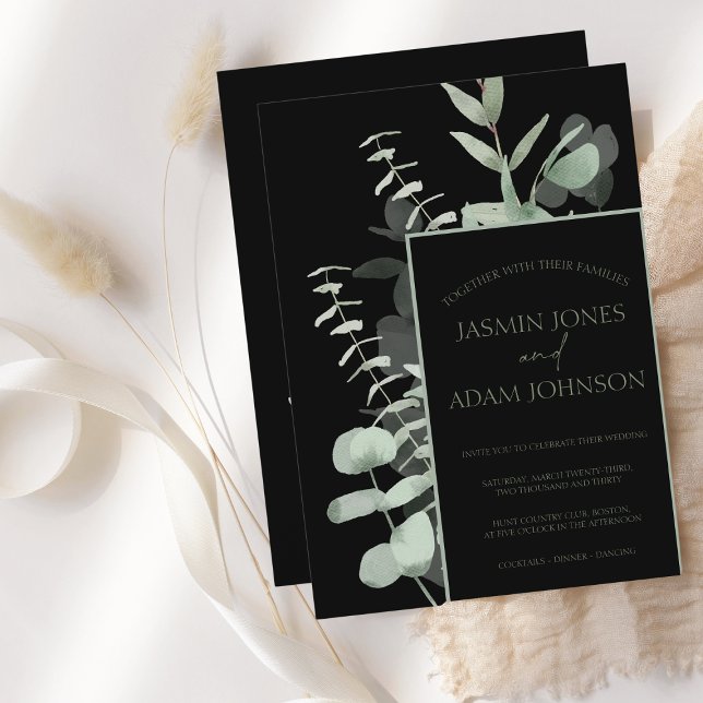 Elegant Green Black Eucalyptus Wedding Invitation (Creator Uploaded)