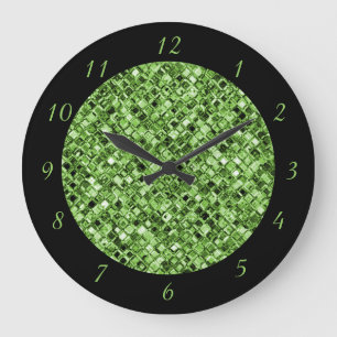 Elegant Green Black Glitter Glam Sparkle Chic Large Clock
