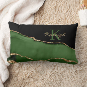 Elegant Green Black Glittery Gold Marble Monogram Lumbar Cushion