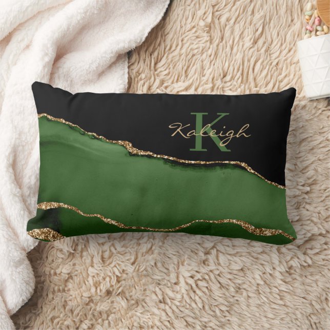Elegant Green Black Glittery Gold Marble Monogram Lumbar Cushion (Blanket)