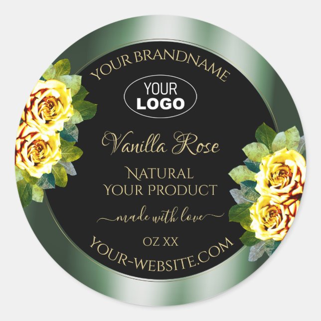 Elegant Green Black Product Label Yellow Rose Logo (Front)