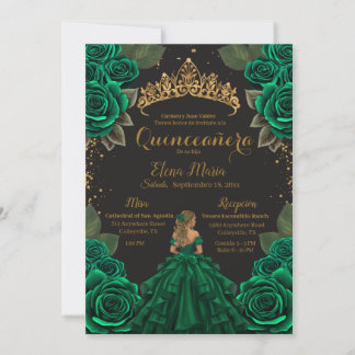 Elegant Green Black Quinceañera Roses Gold Glitter Invitation