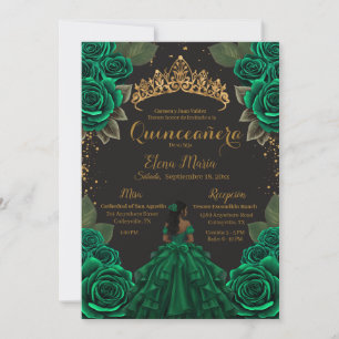 Elegant Green Black Quinceañera Roses Gold Glitter Invitation