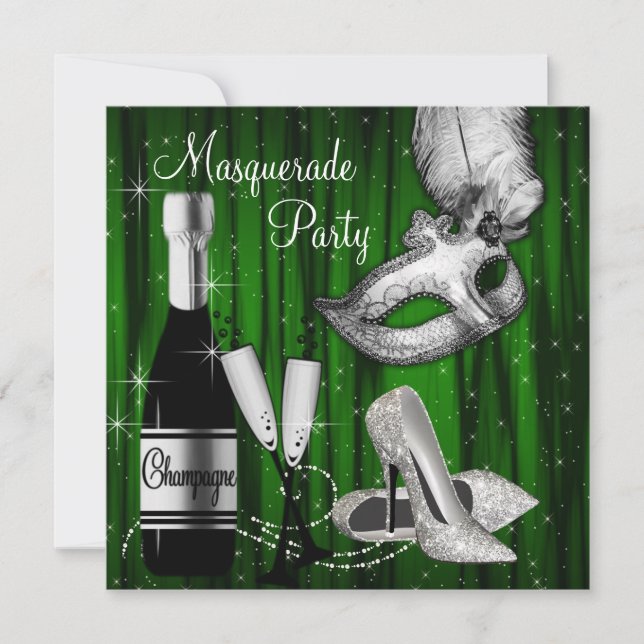 Elegant Green Black White Masquerade Party Invitation (Front)
