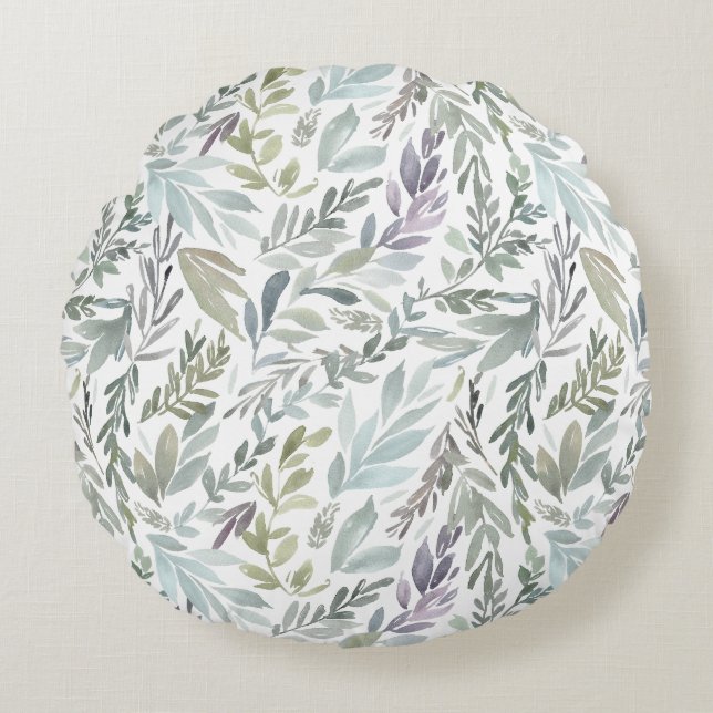 Elegant Green Blue Botanical Watercolor Round Cushion (Front)