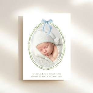Elegant Green Blue Bow Watercolor Photo Birth Announcement