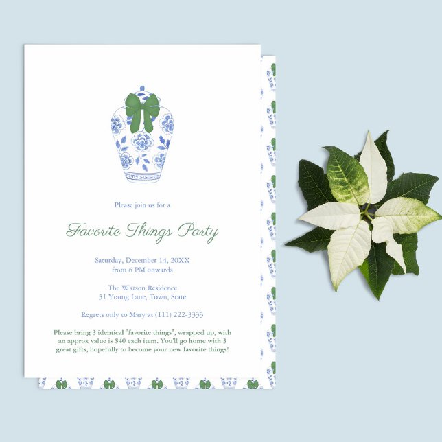 Elegant Green Blue Holidays Favourite Things Party Invitation (Elegant "Favorite Things" Christmas Holidays Party featuring blue & white ginger jar with green bow)
