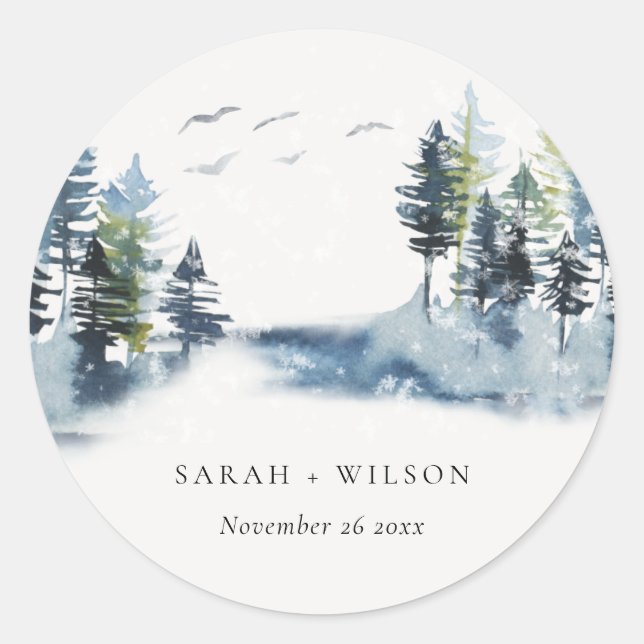 Elegant Green Blue Pine Woods Forest Birds Wedding Classic Round Sticker (Front)