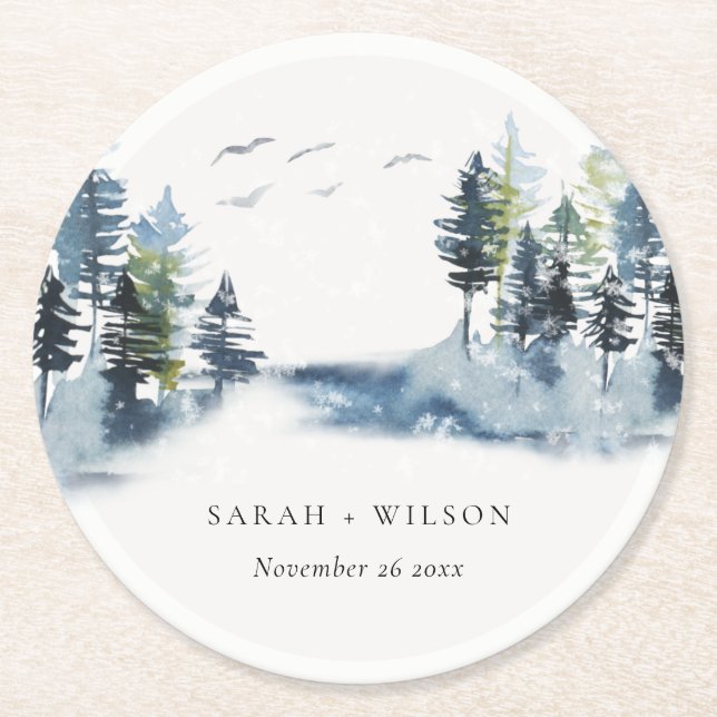Elegant Green Blue Pine Woods Forest Birds Wedding Round Paper Coaster (Front)