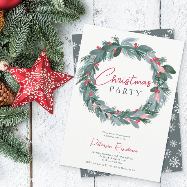 Elegant green blue red floral Christmas wreath Invitation (Creator Uploaded)