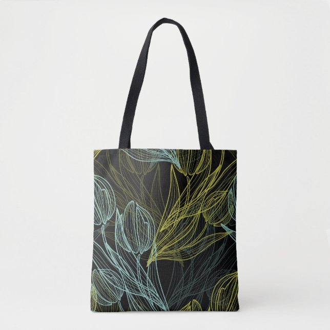 Elegant green, blue tulips pattern tote bag (Front)