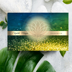 Elegant Green Bokeh Gold, Lotus Yoga Instructor Business Card