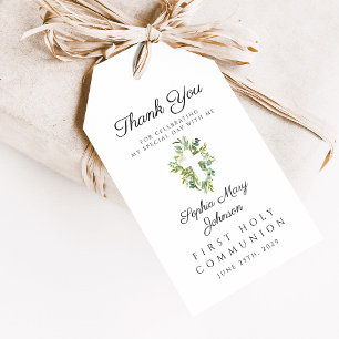 Elegant Green Botanical Cross First Communion Gift Tags
