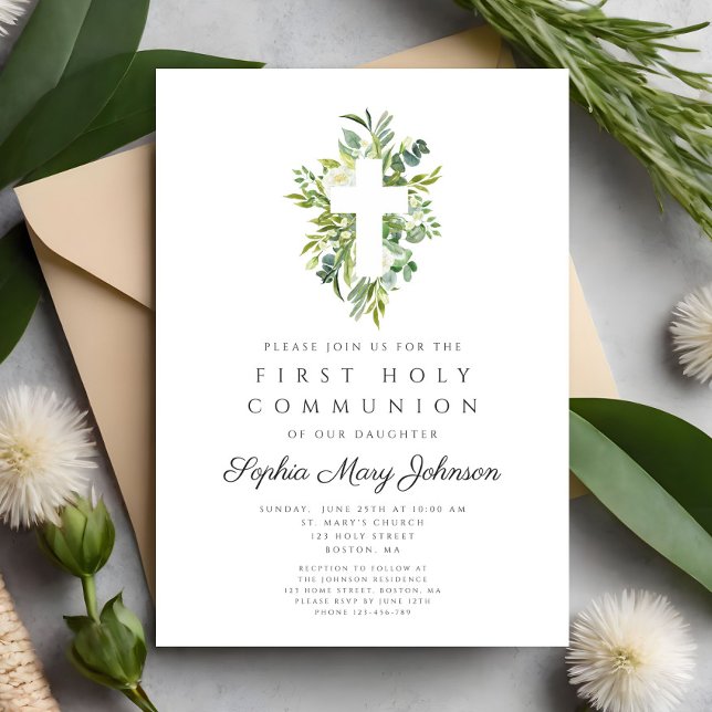 Elegant Green Botanical Cross First Communion Invitation (Elegant Green Botanical Cross First Communion Invitation)