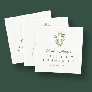Elegant Green Botanical Cross First Communion  Napkin