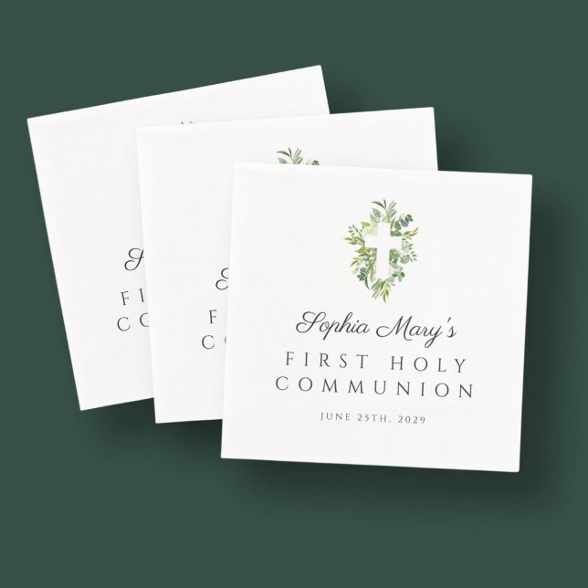 Elegant Green Botanical Cross First Communion  Napkin (Elegant Green Botanical Cross First Communion Napkins)